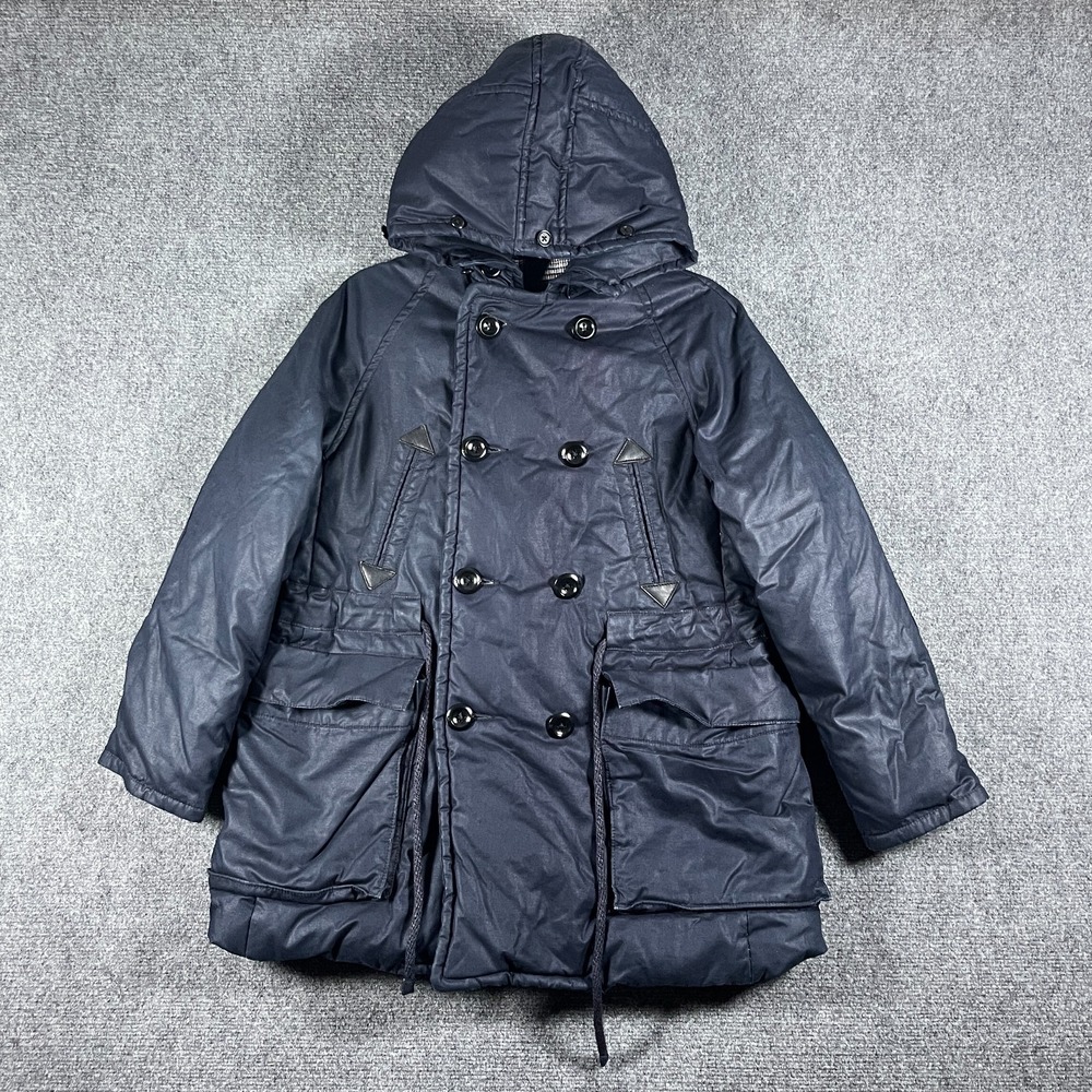 45R 45rpm INDIGO BLUE Down Parka Lined Cinched Waist Horsehide Womens Medium